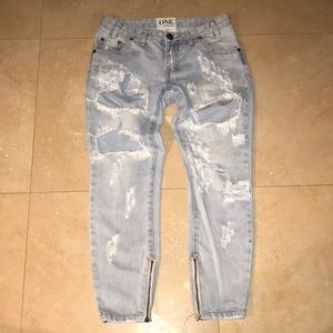 One Teaspoon Light Blue Distressed Skinny Jeans with Ankle Zips